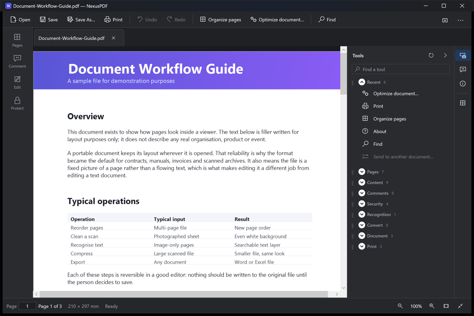 NexusPDF main window showing a document and the tool panel